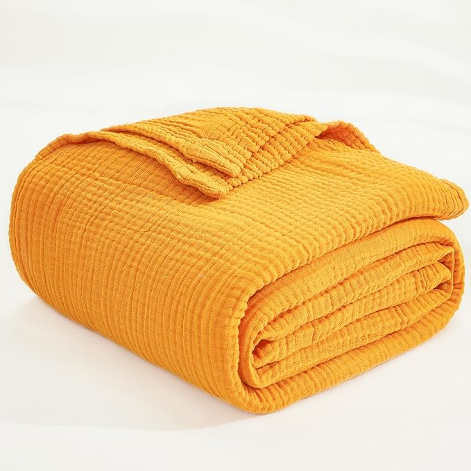 EMME Muslin Blankets for Adults Mustard Yellow Small Blanket 40" x 50" | Throw Blanket for Couch Breathable Gauze Soft Lightweight Airy Light