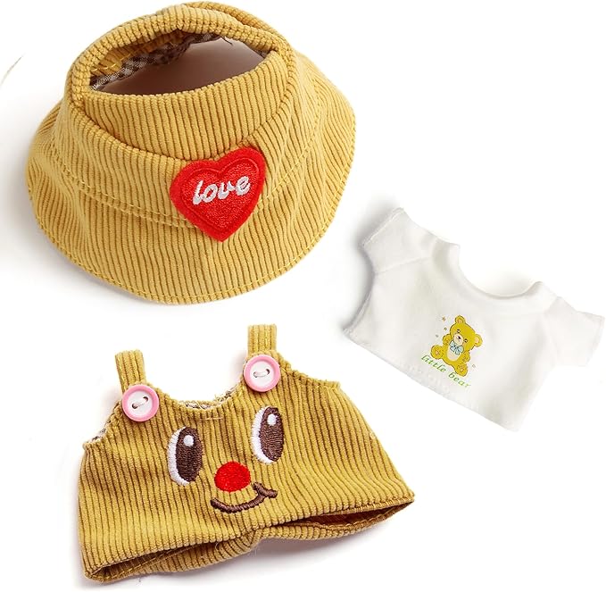 3-Piece Doll Clothes for Labubu & 17cm Dolls – Stylish Fisherman Hat Set, Kawaii Doll Outfits with Accessories for Collectors or Display - Yellow Smiley (No Dolls)