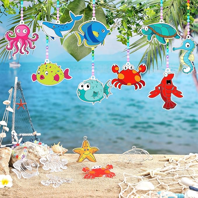30 Sets Marine Animal Suncatchers Window Art Kits, DIY Sun Catchers Bulk Crafts Paint Your Own Window Sea Ocean Animal Ornaments for Boys Girls Classroom Home Party Birthday Activity Decor
