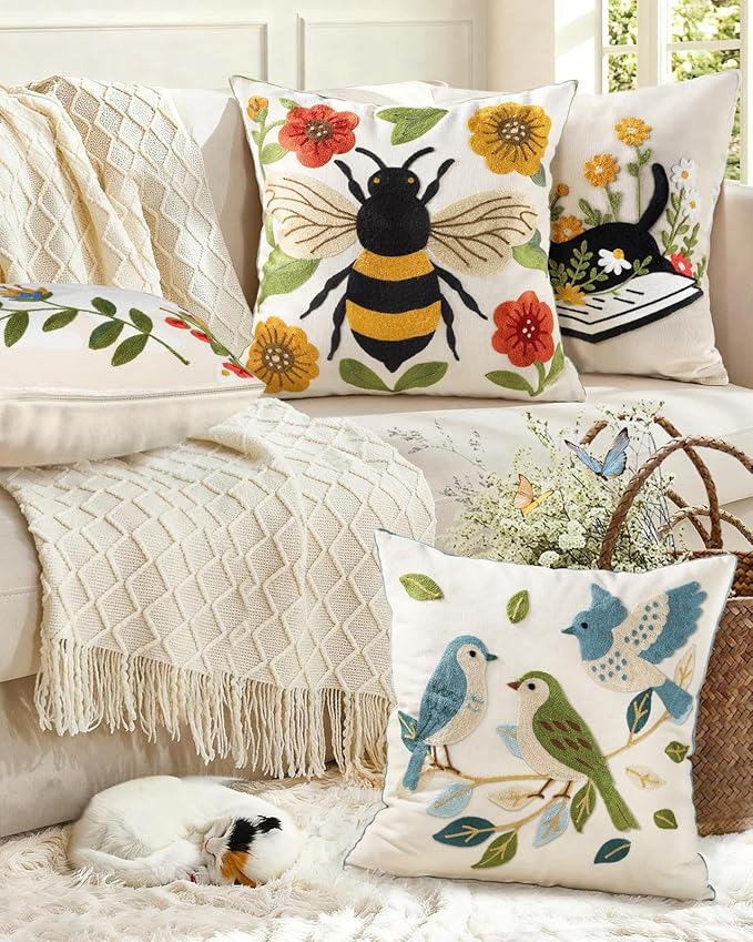 Animal Embroidered Throw Pillow Cover 20x20 Inch, Bee Floral | Decorative Pillow Cover, Farmhouse Cushion Cases with Hidden Zipper, Cottagecore Decor for Couch, Sofa, Living Room