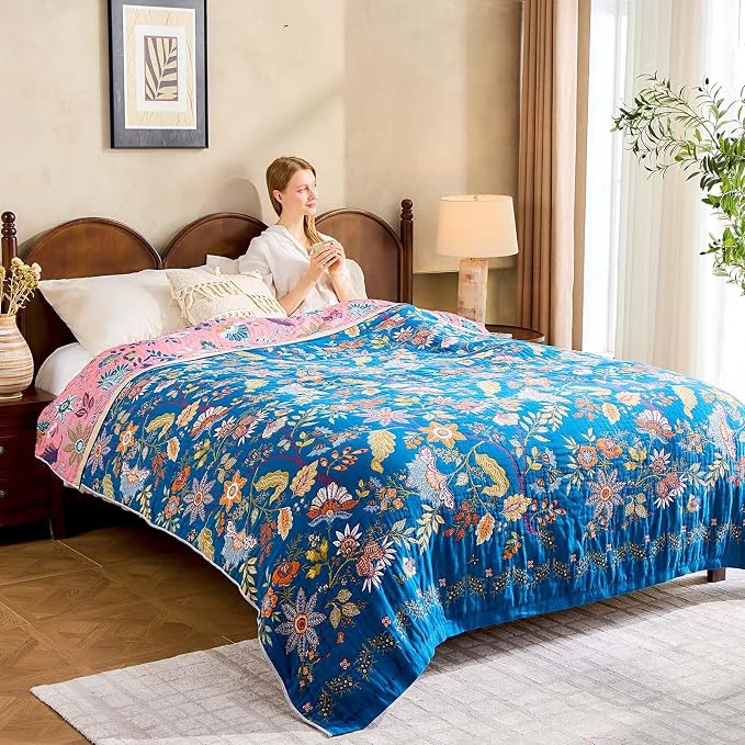 XIBLC Fall Throw Blanket for Couch, Blue Boho Decorative Throw Blanket, 100% Cotton Muslin Breathable Woven Farmhouse Blankets Quilt, 90"x98" Reversible Lightweight Blankets Bohemian Throw Quilt