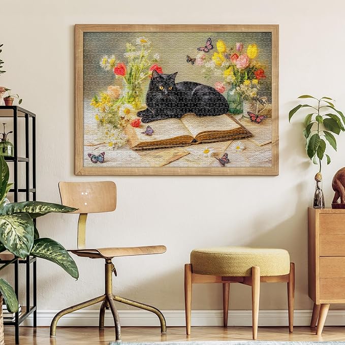 Cat on Book with Flowers Puzzles for Adults 1000 Pieces, Impossible Hard Difficult Challenging Jigsaw Puzzle 1000 Pieces, Christmas Birthday Gifts Home Decor for Adults/Friends/Family