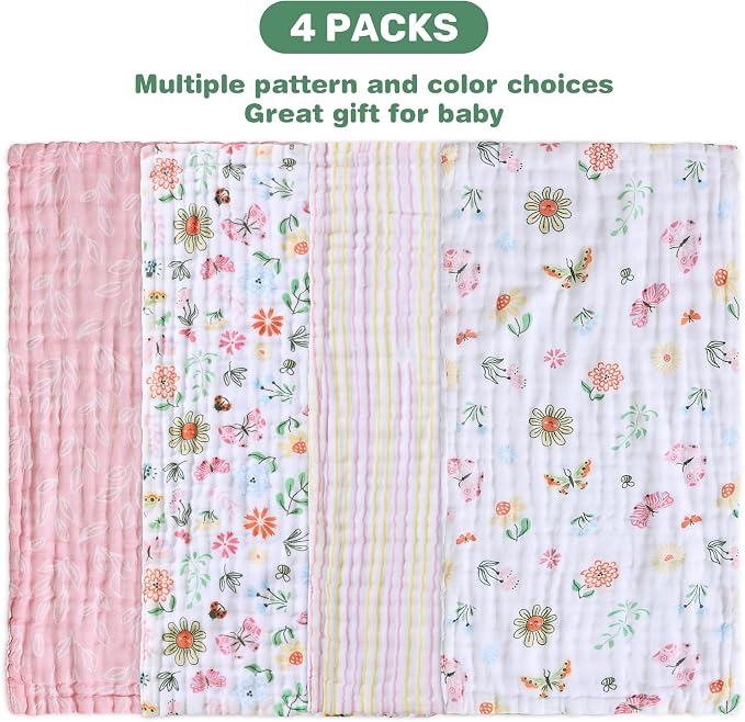 Viviland Baby Muslin Burp Cloths, Super Absorbent Washcloths for Baby Girl and Boy, 10 x 20 inches 6-Layer Baby Bath Towels, Flowers & Butterflies 4 Pack
