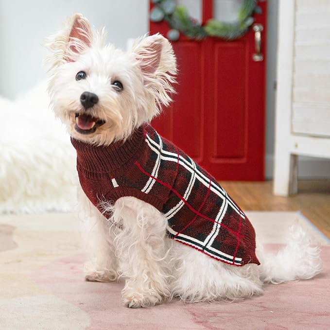 PUPTECK Dog Christmas Sweaters for Large Medium Small Dogs - Fall Classic Plaid Style Puppy Holiday Winter Coat Clothes Warm, Deep Red, L