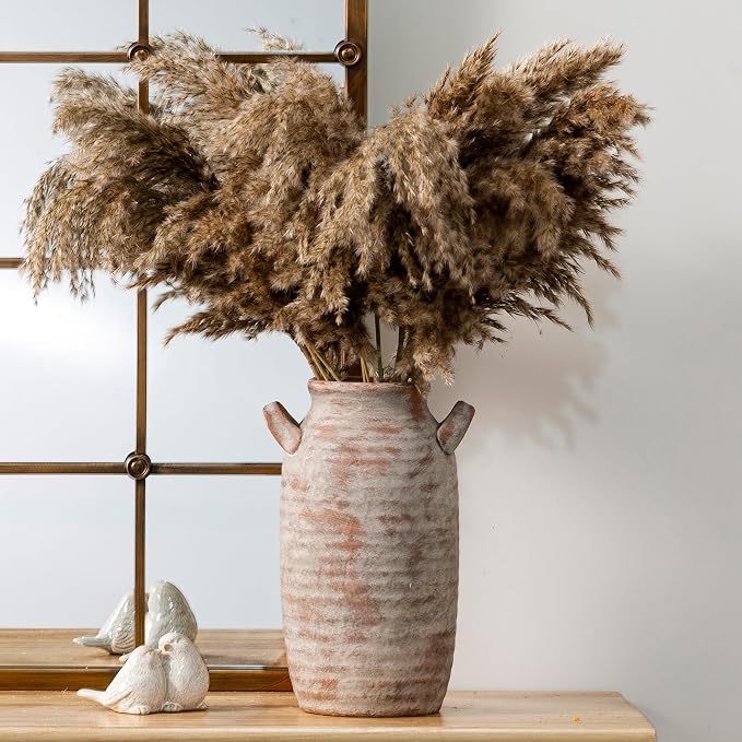 Large Flower Vase Home Decor - Tall Ceramic Farmhouse Rustic Table Vases with Handle Living Room Decoration Decorative Modern Pottery for Floor Kitchen Shelf Coffee Dining Desk Fireplace (12" Retro)