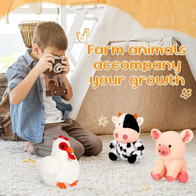 Skylety 5 Pack Farm Plush Animals Set 10 Inches Farm Stuffed Animals Barnyard Stuffed Toys Soft Pig Rooster Horse Sheep Cow Plush Toy for Birthday Party Favor Operation Christmas Items
