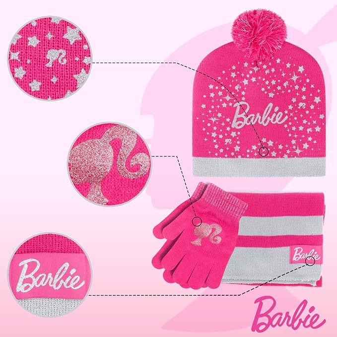 Barbie Girls Winter Hat with Gloves for Ages 5-13 Years – Ultra Soft Pink Beanie Winter Hat for Outdoors
