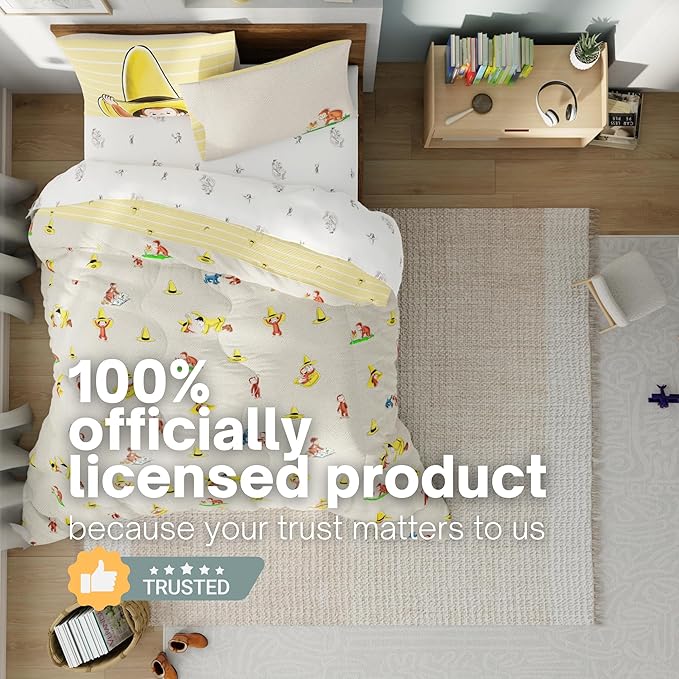Curious George Bedding Set, Full Size 7 Piece Set Kids Super Soft Cozy Reversible Comforter and Sheet Set with Sham, (100% Officially Licensed Product) by Franco