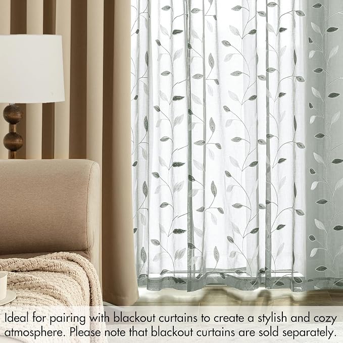 MIULEE Sage Sheer Curtains 2 Panels Embroidered Leaf Patterned Rod Pocket Floral Semi Sheer Faux Linen Window Curtains Drapes Set for Living Room Bedroom Dining Room, 52x63 Inches Long