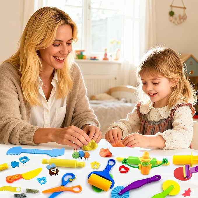 iShyan Dough Tools Play Set for Kids,30 pcs Basic Dough Play Toys with Animal Cutters, Roller, Rolling Pins, Safety Scissors, Plastic Knife,Character Accessories