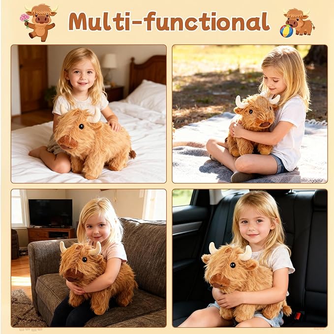 TICHA 12“- Highland Cow Stuffed Animal Plush Toy, Soft Fluffy Scottish Cattle Plush Pillow, Realistic Highland Cow Decor, Home Decor, Couch Pillow