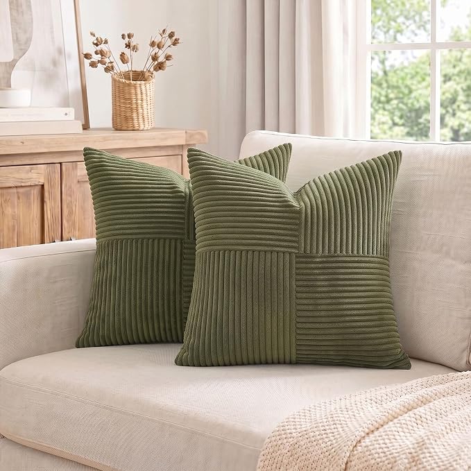 Fancy Homi 2 Packs Olive Green Samll Decorative Throw Pillow Covers 12x12 Inch with for Couch Bed Sofa, Rustic Farmhouse Boho Home Decor, Soft Corss Patchwork Corduroy Square Cushion Case 30x30 cm