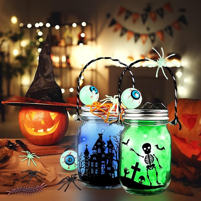SpringFlower Halloween DIY Arts and Crafts Kits,12 Pcs Glass Mason Jar with Accessories for DIY Lantern Jar, Art & Craft Party Supplies for Classroom Kids