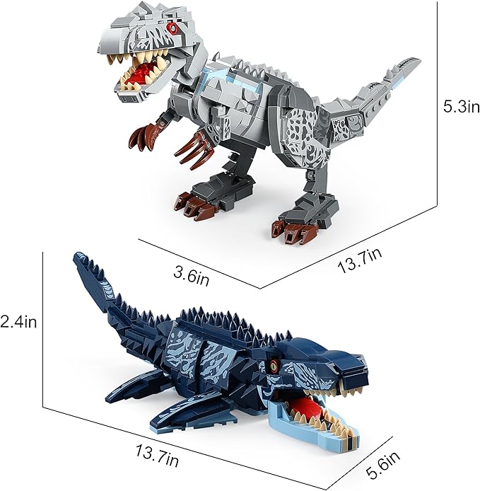 Dual Dinosaur Building Sets - Indominus Rex & Mosasaurus Dinosaur Toys with Poseable Joints, STEM Educational Toys for Kids Ages 6-12, Creative Birthday Gifts for Boys and Girls