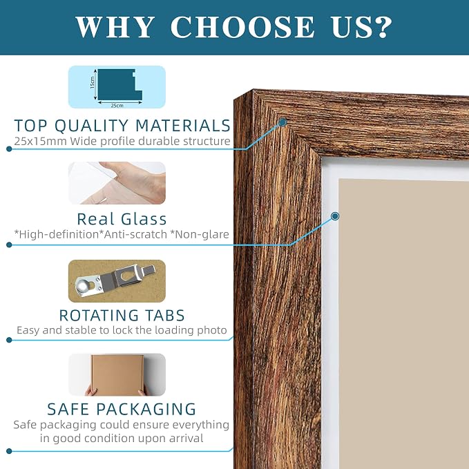 Hongkee 9x12 Picture Frame Set of 4, Made of Glass and Rustic Brown Wooden Frame - Display Picture 6x8 with Mat or 9 x 12 Without Mat, 9 by 12 Photo for Wall or Tabletop