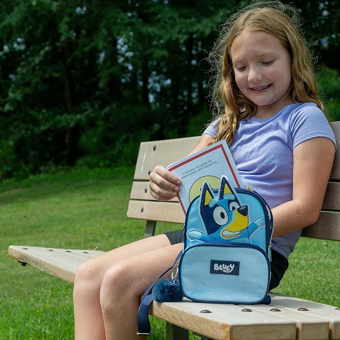 AI ACCESSORY INNOVATIONS Bluey 9” Micro Mini Backpack Purse Featuring a 3D Bluey Glitter Patch with Pom Pom Dangle, Blue