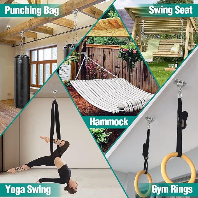 Heavy Duty Swing Hangers with Bearing, Porch Swing Hanging Kit for Outdoor Playground Tree Indoor Ceiling Mount Hardware Brackets with Snap Hooks for Yoga Hammock Punching Bag Accessories 8PCS Silver