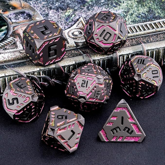 Metal DND Sci-fi Dice Set 7PCS Stripe Polyhedral Dice for Dungeons Dragons RPG Role Playing Game, Glitter D and D Dice with Gift Box D6 D8 D10 D12 D20 (Black&Purple Red)