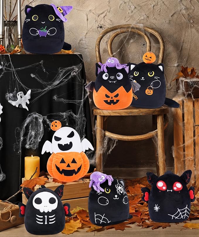 Halloween Stuffed Animal Cat Plush – Cute Halloween Decor Accessory Black Cat Plushie with Witch Hat 10 Inch Holiday Stuffed Animal
