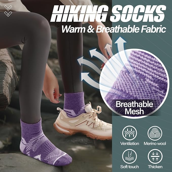 ANTSANG 6 Pairs Merino Wool Quarter Ankle Hiking Running Socks Compression Thermal Thick Cushion Socks for Women Men