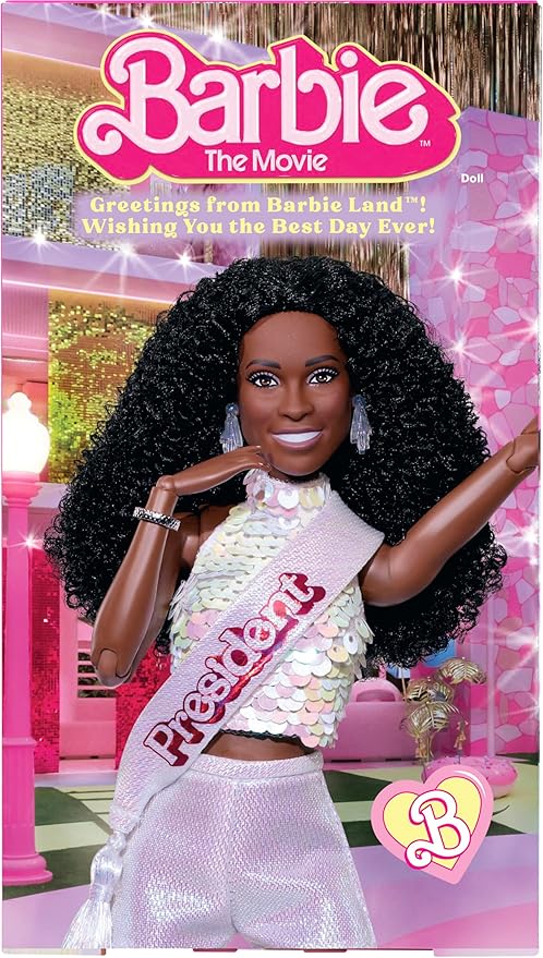 Barbie The Movie President Collectible Doll, ISSA Rae as President Wearing Shimmery White Blouse & Short Set, with Dark Curly Hair & President Sash