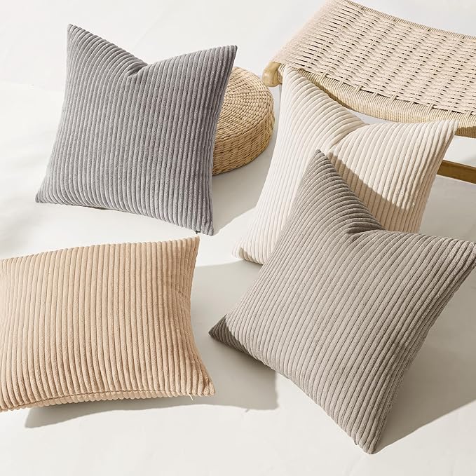 MIULEE Soft Corduroy Decorative Throw Pillow Covers Neutral Cream 18x18 | Set of 4, Mordern Nordic Home Decor, Cozy Cream Collection, Boho Farmhouse Cushion Covers for Couch Bed Sofa Living Room