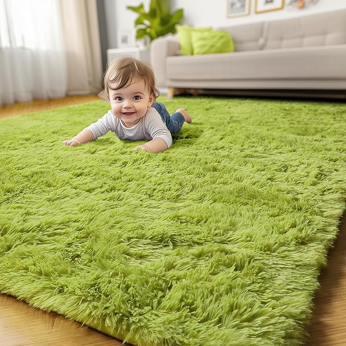 Amdrebio Grass Green Plush Area Rug 5x7 for Classroom Bedroom Living Room | Fluffy Furry Fuzzy Shaggy Moss Carpet, Reading Corner Kids Nursery Dorm Toddler Sensory Room Decor, Nature Forest Aesthetic