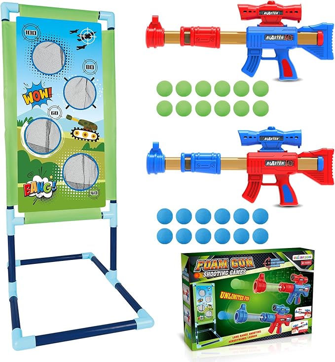 SpringFlower Shooting Game Toy for 5 6 7 8 9 10+ Years Olds Boys,2pk Foam Ball Popper Air Toy Guns with Standing Shooting Target,24 Foam Balls, for Kids