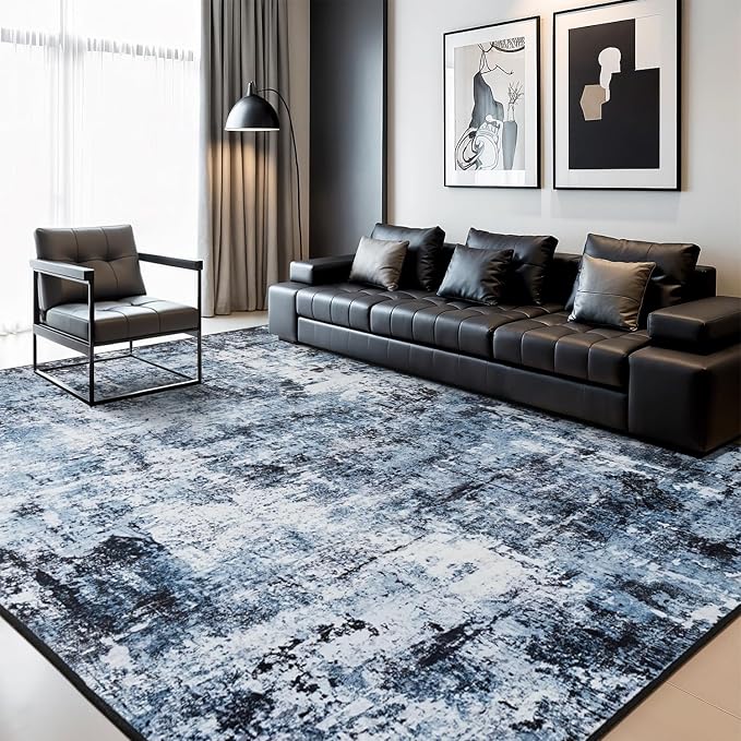Rugflix 7x9 Area Rugs for Living Room, Washable Navy Blue Dark Large Rug | Machine Washable; Stain-Resistant; Low Pile; Non-Slip; Modern Abstract; Black Carpet for Bedroom Dining Office Nursery Home