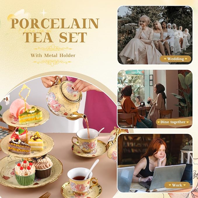 21 Pcs Ceramic Teapot Set Vintage Porcelain Tea Cups with Metal Holder and High Tier Cupcake Stand Saucers for Women Girls Farmhouse European Weddings Party Decor Gifts (Yellow,Vintage)