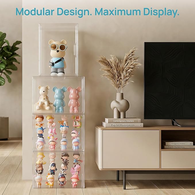 Vtopmart 2 Pack Acrylic Display Case, Stackable Figure Display Case with Magnetic Door & Adjustable Shelves, Clear Collectibles Showcase for Action Figures, Miniatures, Models