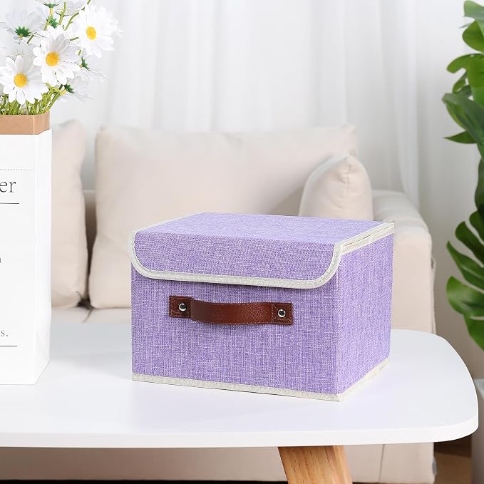 ANMINY Fabric Storage Box Bins with Lids, Purple, 10"x8"x7" | Keepsake Memory Storage, Cotton Linen, PP Board Reinforced, Washable, PU Handles, Foldable & Stackable, Decorative, Small