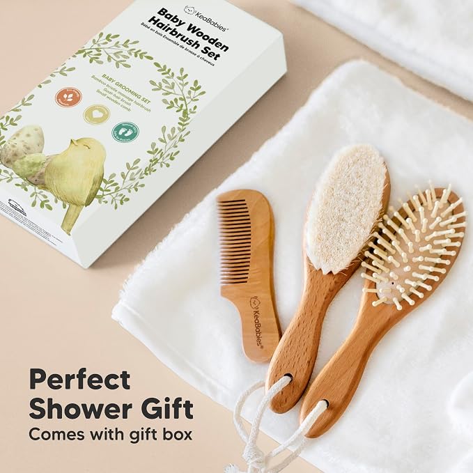 Wooden Baby Hair Brush Set for Newborns, Toddlers -Soft Goat Bristle Baby Brush and Comb Set Newborn Grooming Kit for Cradle Cap Care,Durable & Gentle, Boy,Girl Infant Essentials(Regular, Golden Oak)