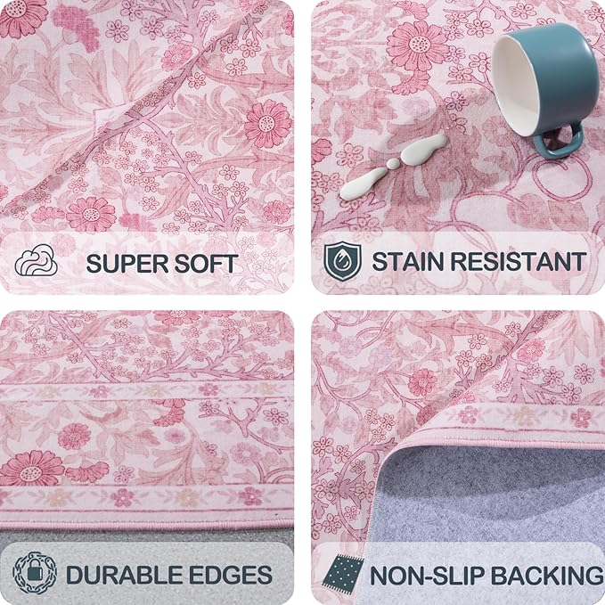 4x6 Area Rug for Bedroom Beside Rug, Laundry Room, Entryway, Kitchen, Washable Non-Slip Low Pile Ultra Soft Stain Resistant Carpet (Pink)
