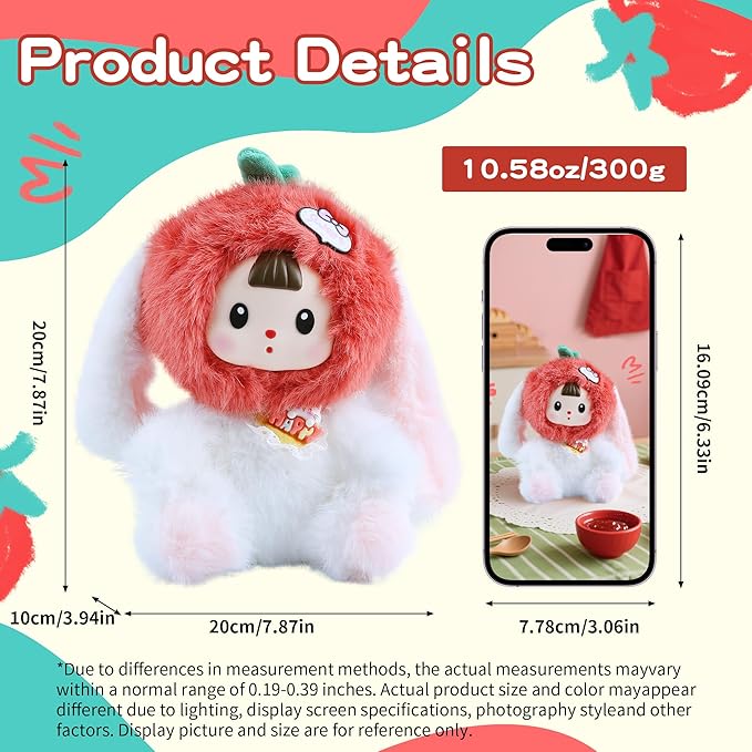Kawaii Plush Doll, Stuffed Animals with Vinyl Face White Tomato Bunny Shaped for Girls Boys Women, 7.8 inches Vinyl Plush Pendant Cute Figurines Gifts for Collectibles Home Decor Birthday Christmas