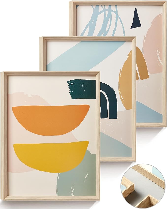 12x16IN Framed Boho Wall Art for Bedroom Set of 3 | Abstract Canvas Wall Decor, Minimalist High Framed Wood Design Prints for Living Room Bathroom
