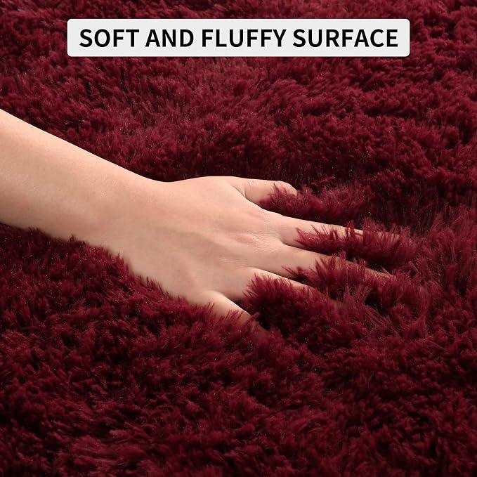 Tepook Fluffy Burgundy Rugs for Living Room, 8x10 Dark Red Area Rug for Bedroom, Soft Shaggy Plush Floor Carpet for Kids Girls Boys Room, Indoor Non Slip and Washable Carpets for Nursery Home Decor