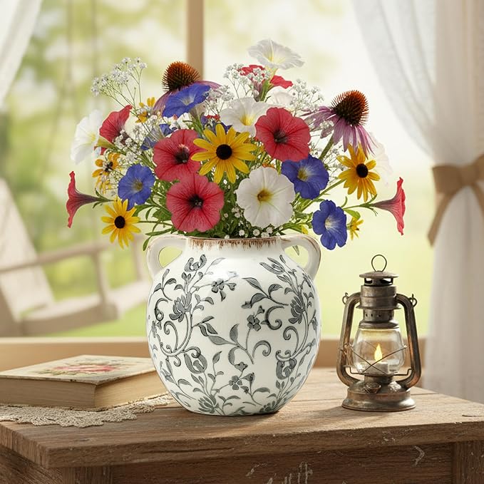 Gray Vintage Antique Vase, 5.6 Inch All Seasons Chinoiserie Floral Vase, Rustic Ceramic Vase for Home Decor, Living Room, Bookshelf, Office, Entryway, Garden, Chinoiserie Decor, Tuscan Decor