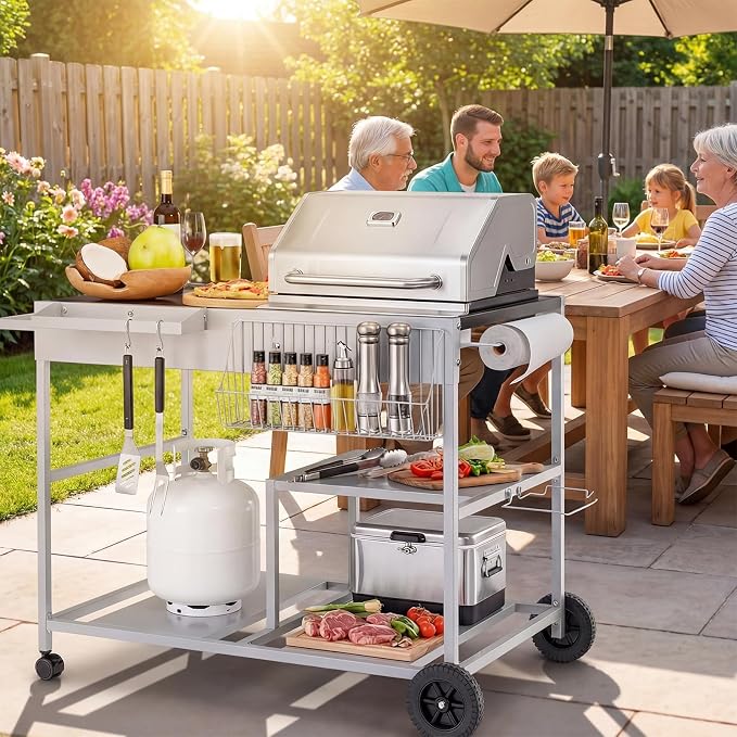 HAPPYGRILL Outdoor Grill Cart with Lockable Wheels & Garbage Bag Holder | Movable BBQ Pizza Oven Stand with Removable Hooks, Portable Cooking Prep Table for BBQ Party