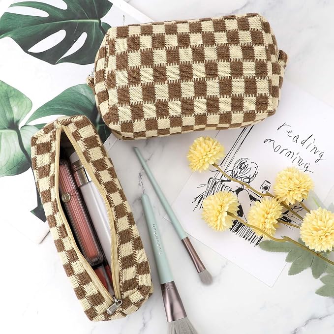 3 Pcs Makeup Bag Cosmetic Bag Set for Girls Women Checkered Travel Organizer Bathroom Toiletry Pouch Large Capacity Storage Bag (Brown)