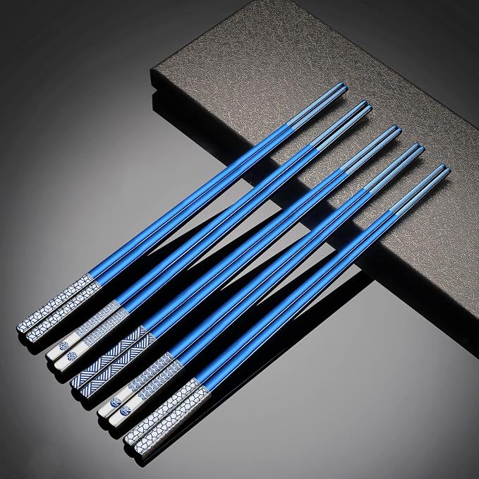 Metal Chopsticks - Reusable 18/8 Stainless Steel, Titanium Laser Engraved - Premium Lightweight Japanese Korean Chopsticks - Dishwasher Safe - 5 Pairs Gift Set (Blue)