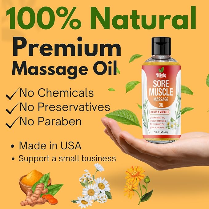 Premium Body Massage Oil for Sore Muscles and Joints, with Eucalyptus, Chamomile & Peppermint Oil