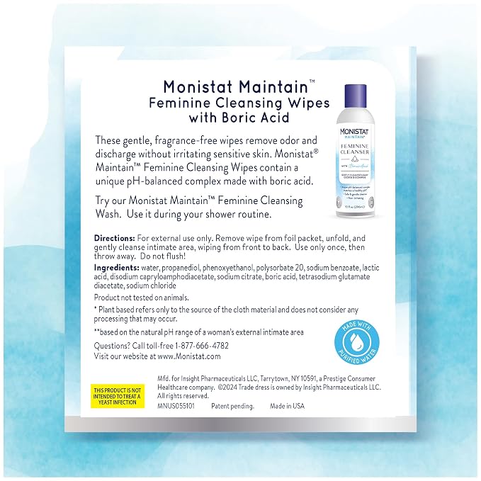Monistat Feminine Wipes, 12 Ct, Pack of 2 | With Boric Acid | Fragrance Free