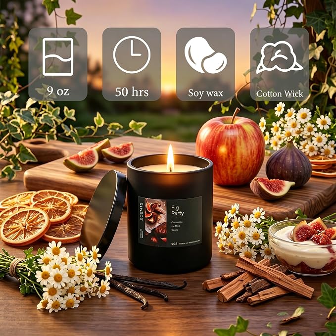 Scented Candle Fig & Fir, Natural Soy Wax Candle, 50 Hour Burn Time, Fruity Gourmand Holiday Candle for Home, Winter Décor, Relaxation & Cozy Nights Fruity Vanilla Wood Scented Candle for Christmas 