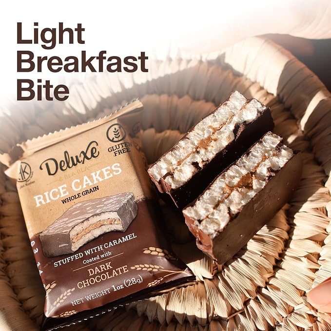 Deluxe & Bla Bla Stuffed Rice Cakes - Whole Grain Chocolate Rice Cake,Gluten Free,Low Calorie,(Alfajor) Kosher Certified - Caramel Filled Rice Cakes coated with Dark Chocolate, 28g Each (6 Pack)