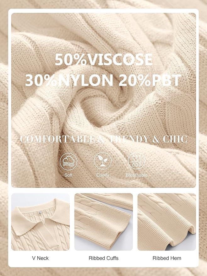 ANRABESS Womens Cable Knit Sweaters Long Sleeve V Neck | Pullover Collared Sweater Tops, Polo Knit Shirts, Business Casual Work, Tennis Golf, Fall Winter Fashion Outfits