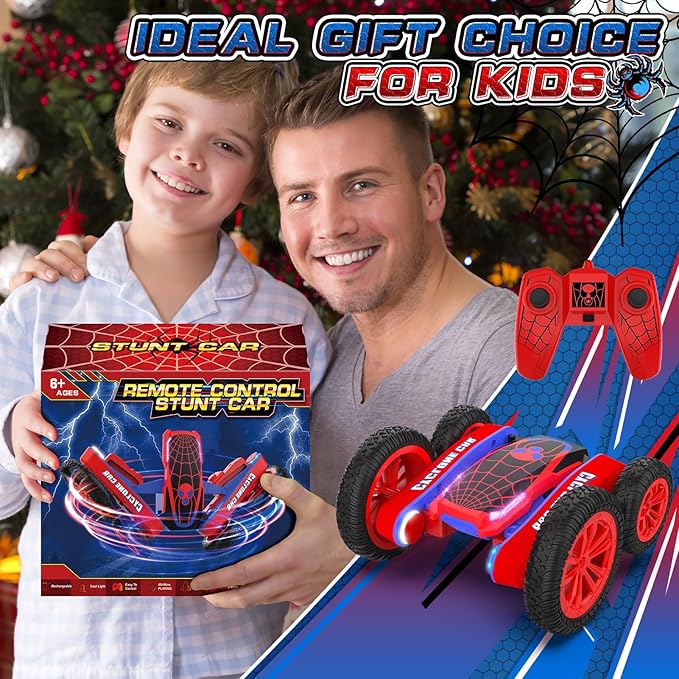 Spider Remote Control Car for Kids - 2.4Ghz Fast RC Stunt Cars, 360° Rotating 4WD RC Crawler with Lights, Rechargeable Car Toy for Boys Ages 6 7 8 9 10 Birthday Black&Red