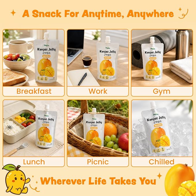 Jayone Drinkable Konjac Jelly Pouch - Mango Flavor, 10 Pack, 5.07 fl oz Each - Zero Sugar, 0 Calories, 17% Vitamin C, Halal, Made in Korea