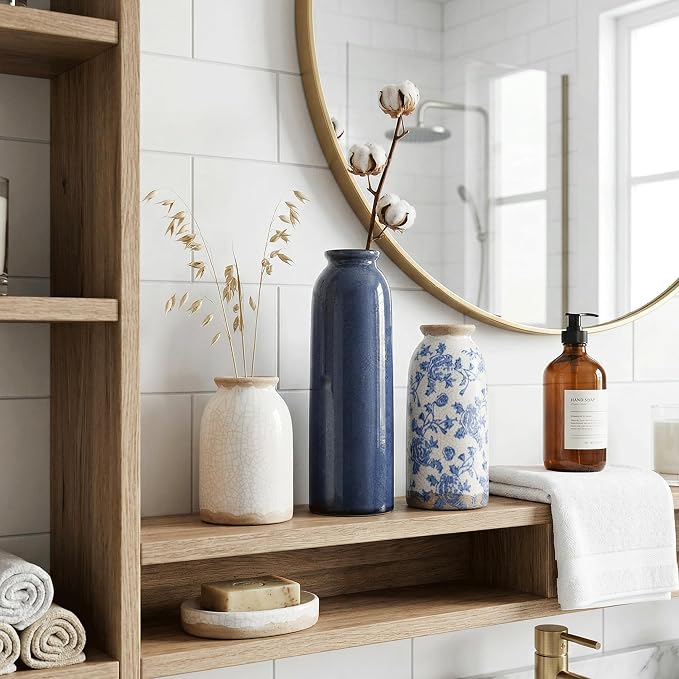 Vintage Ceramic Vase Set of 3, Blue and White Small Flower Vase Chinoiserie Rustic Modern Farmhouse Centerpiece Decorative Vases for Table Entryway Bookshelf Living Room Kitchen Home Decor