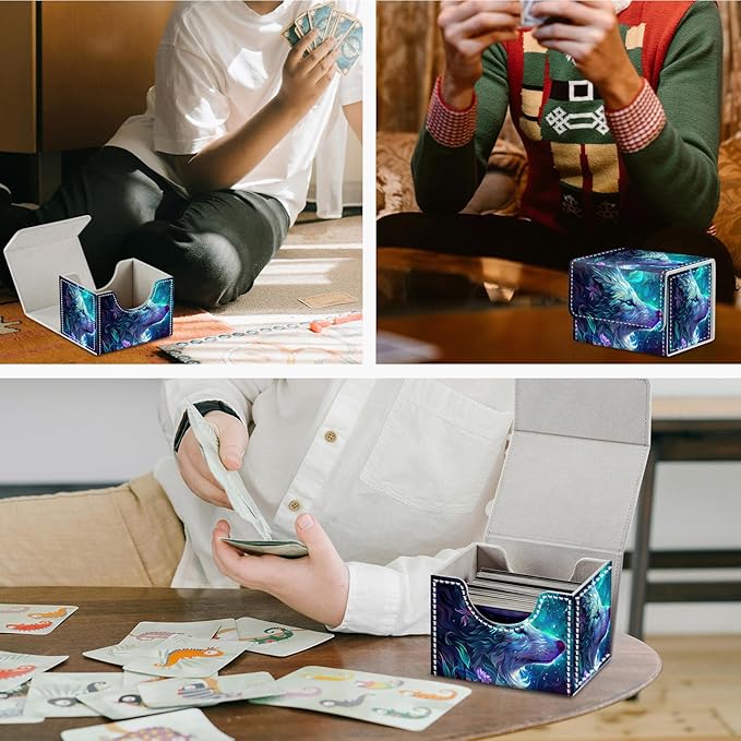 DEGDFSGRCard Game Storage Box for TCG MTG Commander Deck Box Organizer Trading Card CaseMagnetic Closure Creative Pattern Up to 200 Cards (Blue And Purple Glowing Wolf, 1 pack)